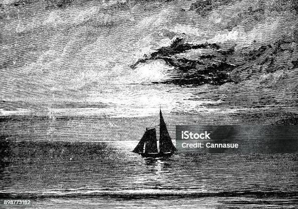 19th Century Engraving Of A Sailing Boat Set In A Dark Scene Victorian Seascapes 1890 Stock Illustration - Download Image Now