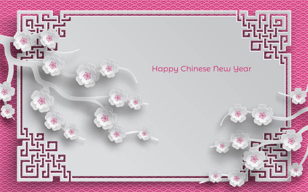 ilustrações de stock, clip art, desenhos animados e ícones de branches of cherry blossoms, oriental frame on pink pattern background for chinese new year greeting card, paper cut out style. vector, caption chinese new year - típico oriental