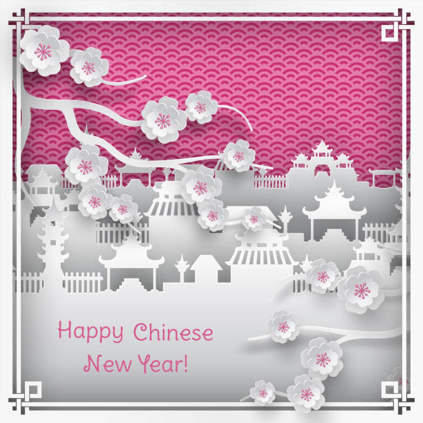 ilustrações de stock, clip art, desenhos animados e ícones de branch of cherry blossoms and chinatown village on pink outdoor background with oriental vintage pattern frame for chinese new year greeting card, paper cut out style, vector - chinese culture china chinese ethnicity frame