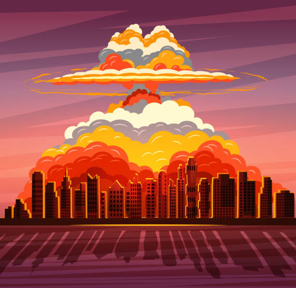 ilustrações de stock, clip art, desenhos animados e ícones de nuclear explosion, atom bomb falling on big city - atomic bomb testing