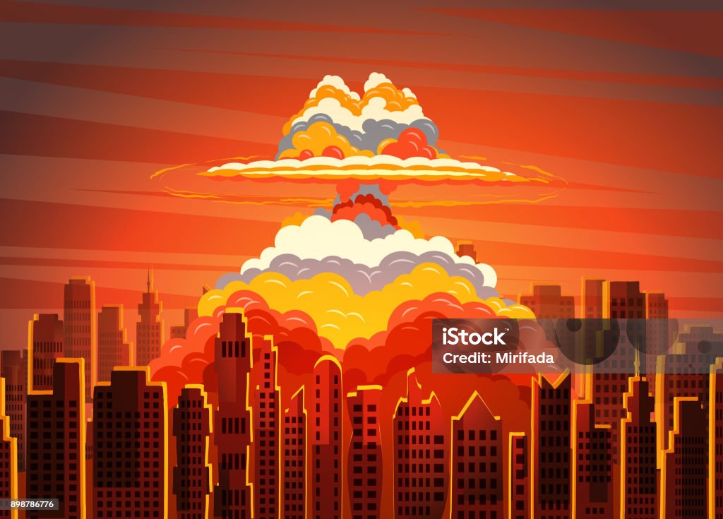 Nube radiactiva de seta brillante de levantamiento en la ciudad de - arte vectorial de Ciudad libre de derechos