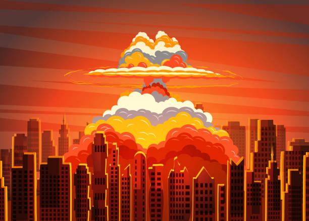illustrazioni stock, clip art, cartoni animati e icone di tendenza di aumento della nube radioattiva di funghi luminosi sulla città - test nucleare