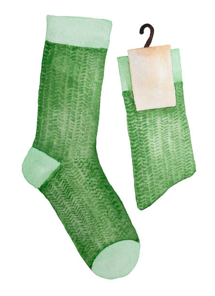illustrazioni stock, clip art, cartoni animati e icone di tendenza di nuovo paio di calze tessili di colore verde con etichetta di carta vuota vuota. - sock wool multi colored isolated