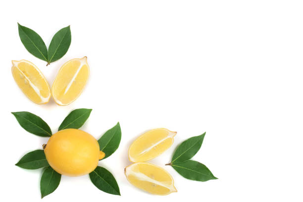 istock lemon with leaves and slices isolated on white background with copy space for your text. Flat lay, top view 898793248