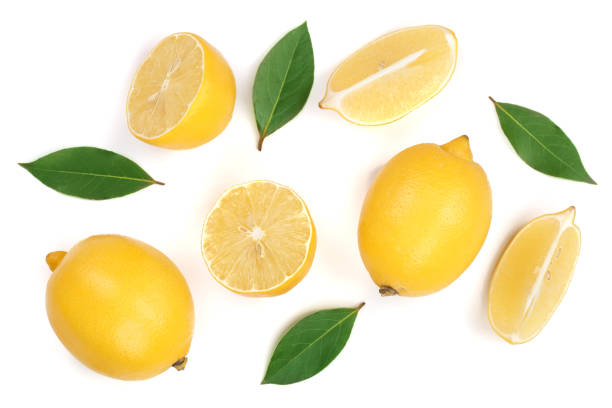 istock lemon and slices with leaf isolated on white background. Flat lay, top view 898793282