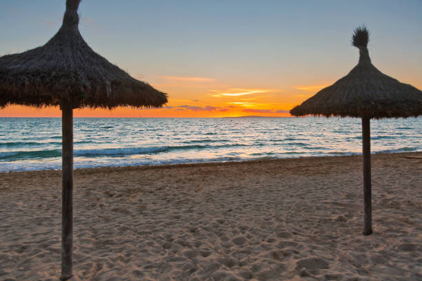 istock Beach umbrellas in sunset time 898799154
