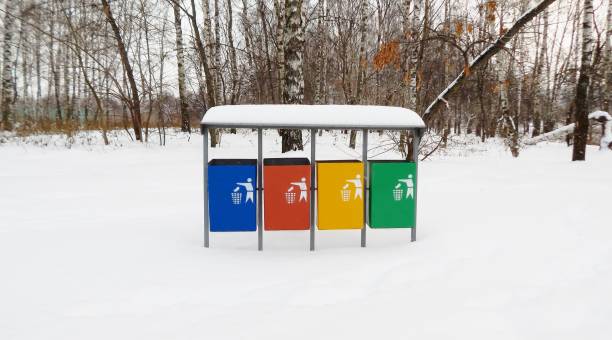 istock Multicolored garbage can (garbage container) for municipal waste and industrial waste, snow, winter, ecology 898805366