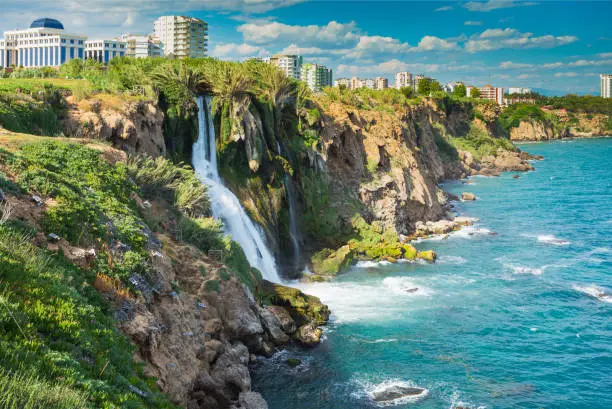 Turkey, Antalya on May 23, 2017. Lower Duden waterfall on the Mediterranean coast, 8 km from the center of Antalya towards Lara beach