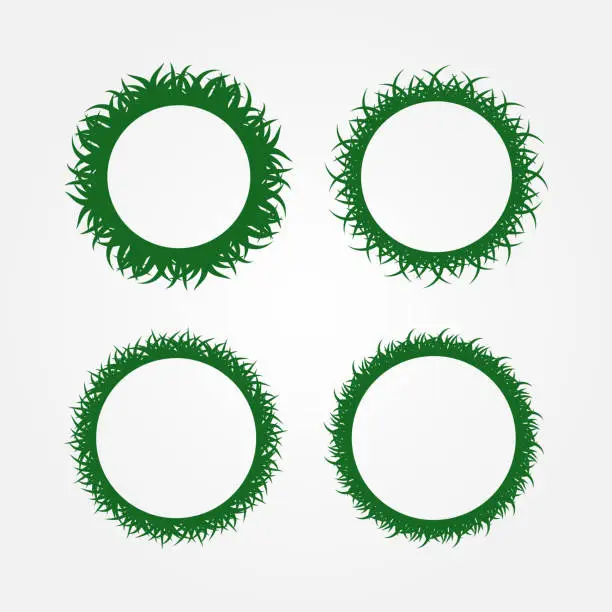 Vector illustration of Set of round frames made of grass. Four isolated green frameworks.