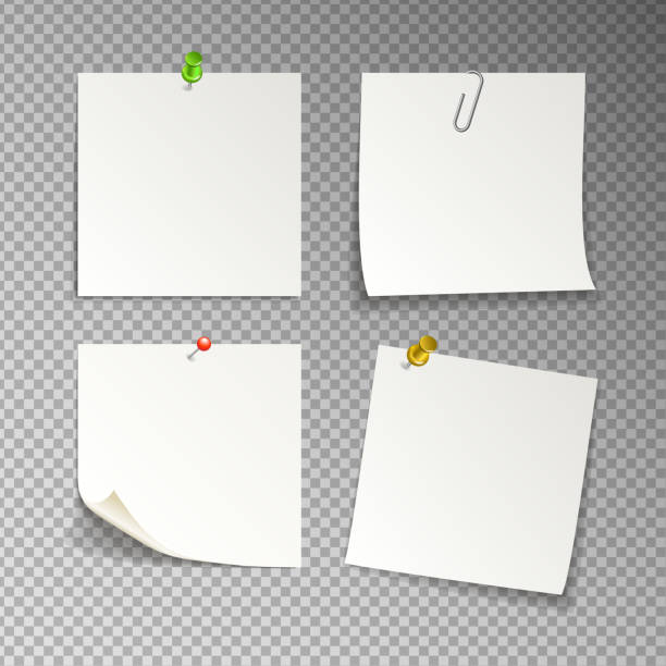 изолированные белые липкие заметки, векторная иллюстрация - adhesive note letter thumbtack reminder stock illustrations