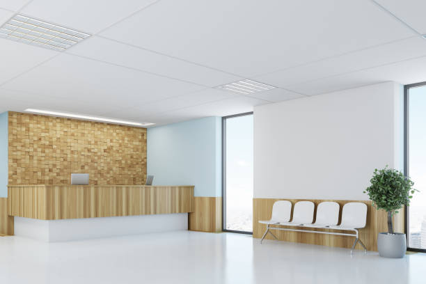 istock Blue and wooden reception desk corner 898816484