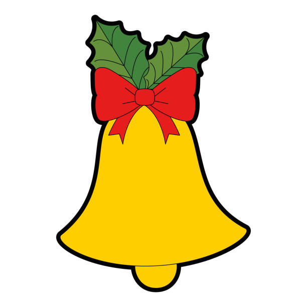 ilustrações, clipart, desenhos animados e ícones de sino de natal com flor - bell christmas holly drawing