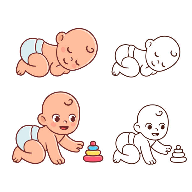 illustrazioni stock, clip art, cartoni animati e icone di tendenza di carino set di illustrazioni per bambini - diaper baby crawling cartoon