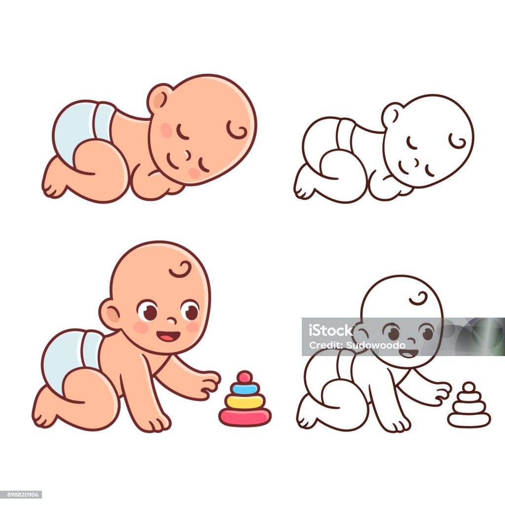 Cute baby illustration set Cute little baby playing with toy and sleeping. Colored and black outline drawing set. Happy smiling newborn child vector illustration. Baby - Human Age stock vector