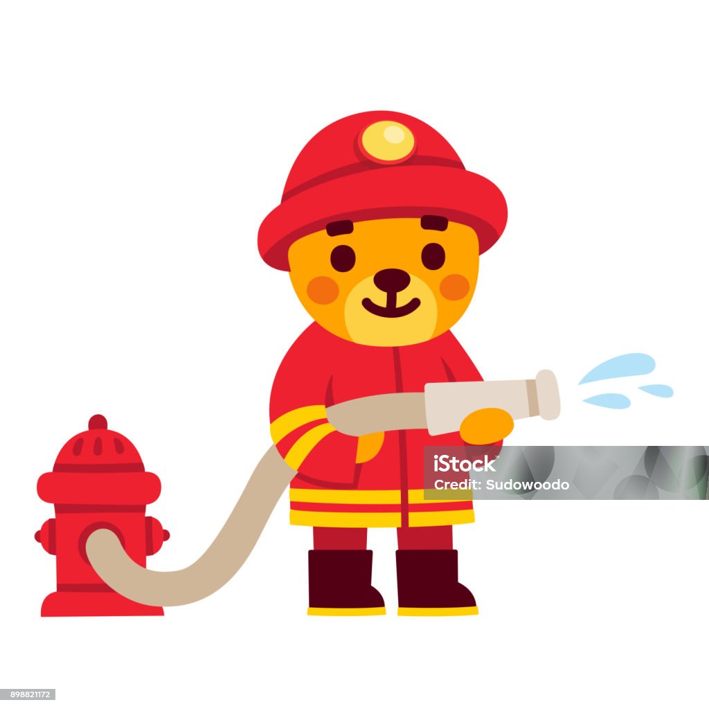 Cute cartoon firefighter Cute cartoon firefighter character. Teddy bear in fireman uniform with water hose and fire hydrant. Hand drawn vector illustration. Child stock vector