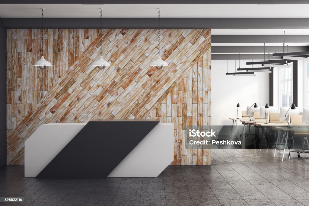 Modern reception with clean wall Modern office interior with reception desk and clean wooden wall. 3D Rendering Modern Stock Photo