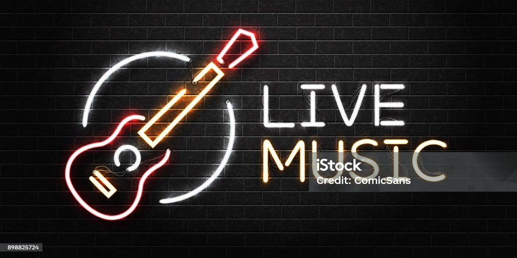 Vector realistic isolated neon sign of guitar for decoration and covering on the wall background. Concept of live music, dj and live concert. Neon Lighting stock vector