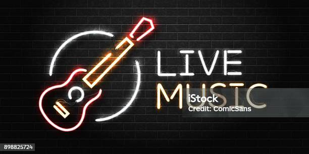 Vector Realistic Isolated Neon Sign Of Guitar For Decoration And Covering On The Wall Background Concept Of Live Music Dj And Live Concert Stock Illustration - Download Image Now