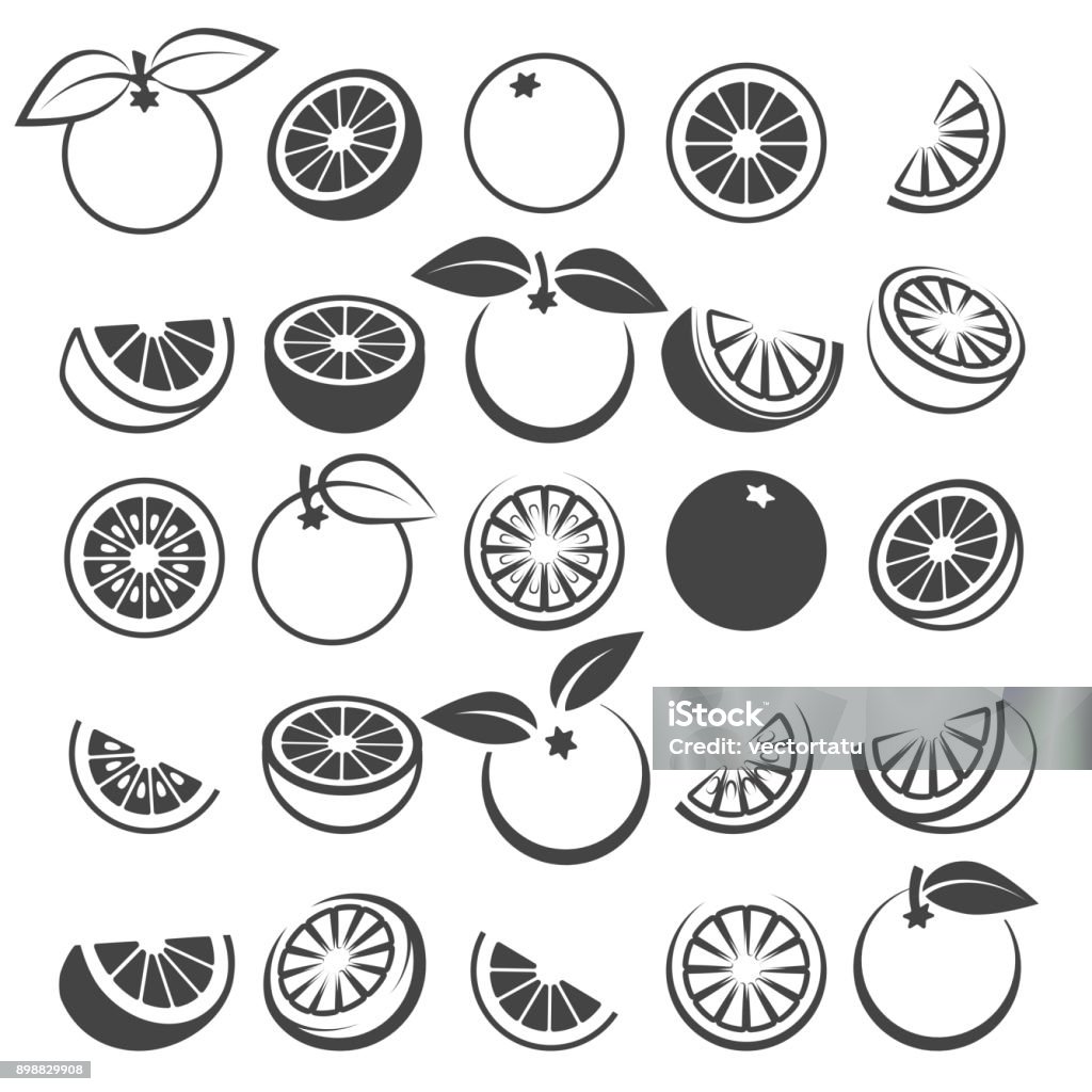 Orange black icons set Orange icons. Tasty fresh vector black oranges fruits isolated on white background, citrus wedge, half and slices silhouette set Orange - Fruit stock vector