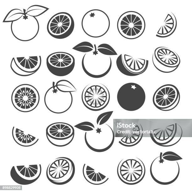 Orange Black Icons Set Stock Illustration - Download Image Now - Orange - Fruit, Icon Symbol, Grapefruit