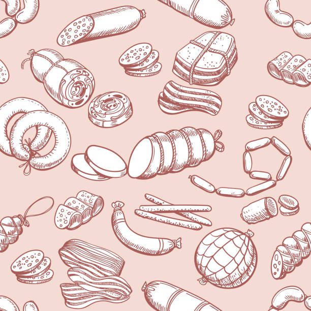 illustrations, cliparts, dessins animés et icônes de modèle de saucisses de croquis - bacon vector breakfast farm