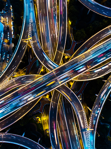 Shanghai highway junction aerial view at night time