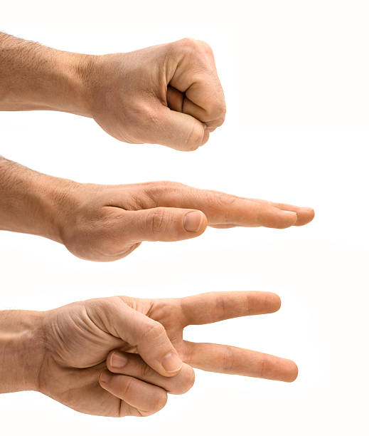 The classic rock,paper,scissors game over white background. Composed from three separate shots.