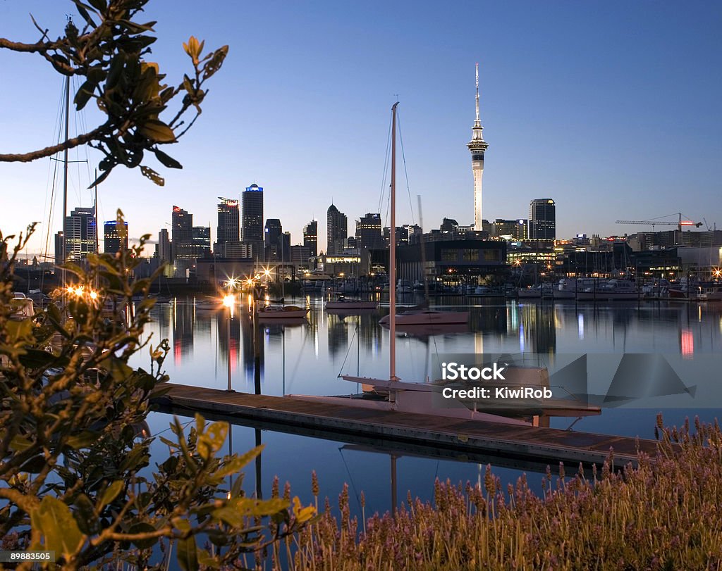 Shot of Auckland City taken from across the water Image of Auckland City reflected in the calm waters pre dawn. Auckland Stock Photo