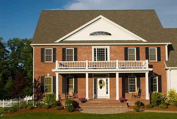 istock Modern  Brick House with a Porch & Balcony 89883688