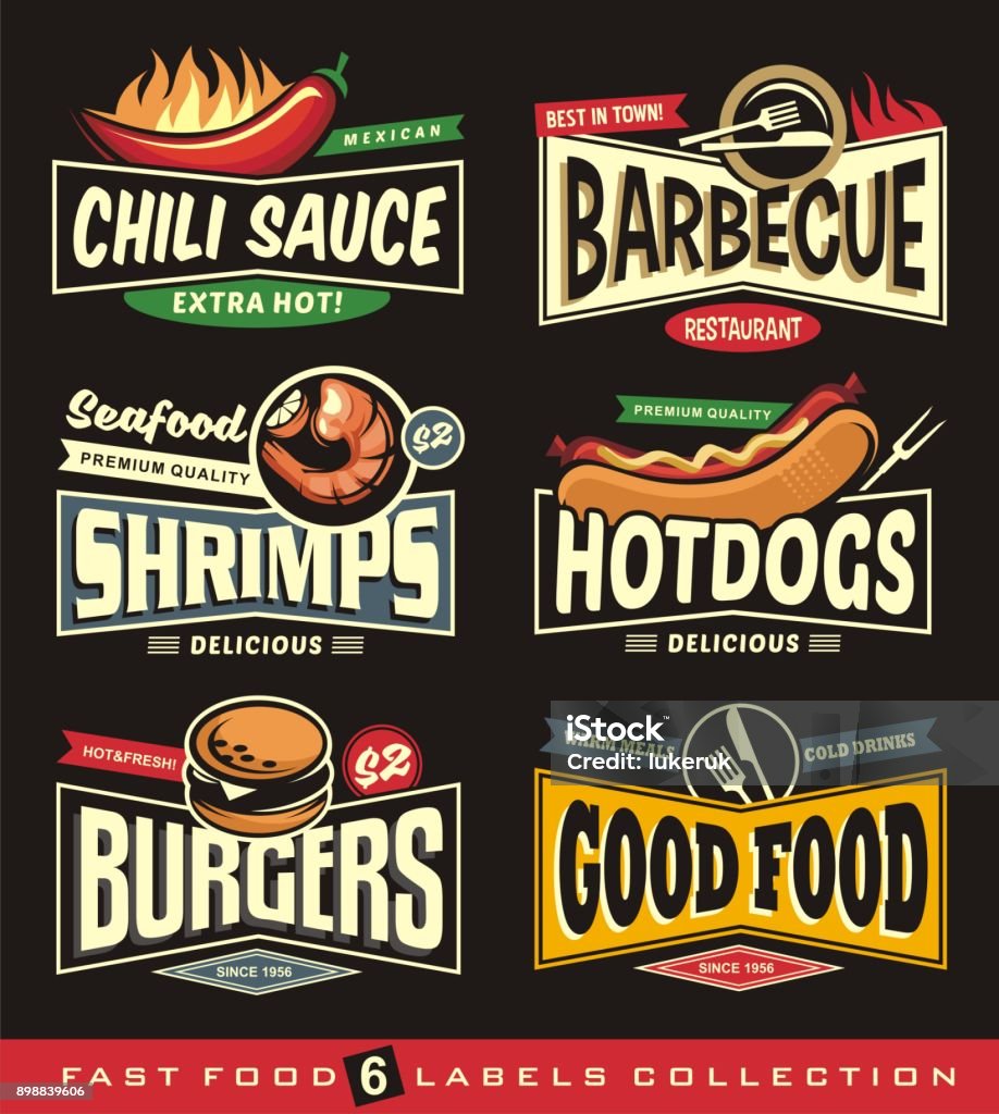 Food restaurant labels and stickers collection on black background Food restaurant labels and stickers collection on black background. Chili, barbecue, shrimps, hot dogs, burgers and food signs, logo designs and banners. Diner promotional graphics. Retro Style stock vector