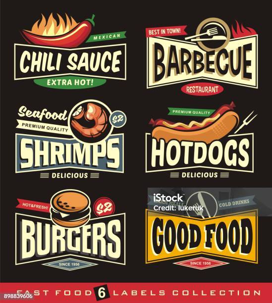 Food Restaurant Labels And Stickers Collection On Black Background Stock Illustration - Download Image Now