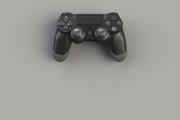 istock Computer game competition. Gaming concept. Black joystick isolated on gray background, 3D rendering 898841694