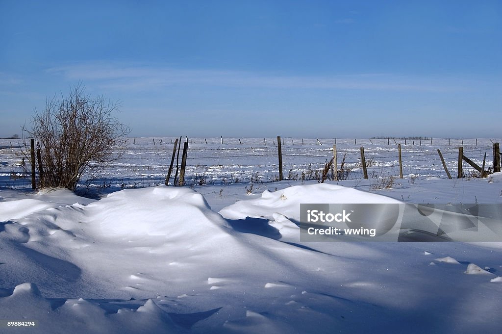 Snowdrifts 、フェンス、冬の空 - まぶしいのロイヤリティフリーストックフォト