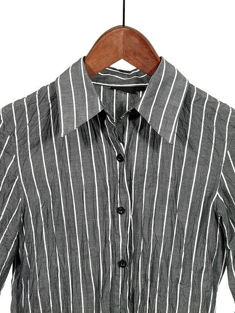 istock Gray striped shirt on wooden hanger 89884350