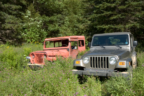 Exploring back roads in my Jeep Wrangler in Cape Breton, Nova Scotia I came across this old abandoned Jeep CJ in a meadow. It had wooden doors.  Even though they are about 50 years apart in age they still basically look the same.