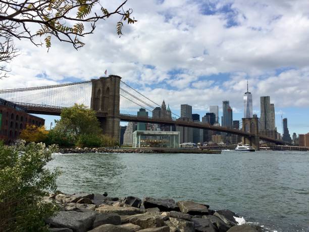 istock Brooklyn bridge and lower Manhattan with cloudy sky from Brooklyn bridge park view 898853036