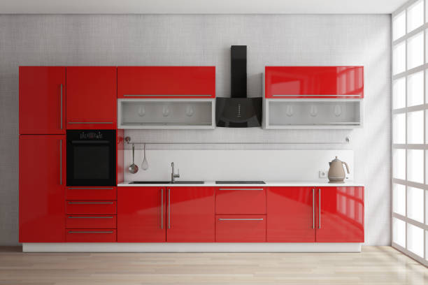 istock Modern Red Kitchen Furniture with Kitchenware Near Window. 3d Rendering 898853494
