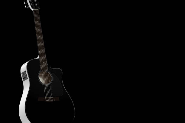 Black Wooden Acoustic Guitar with Blank Space for Yours Design on a black background. 3d Rendering