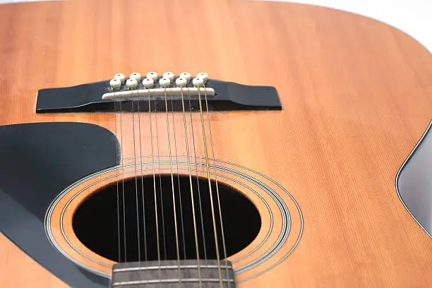 Photo of guitar closeup of soundhole, bridge and lower body