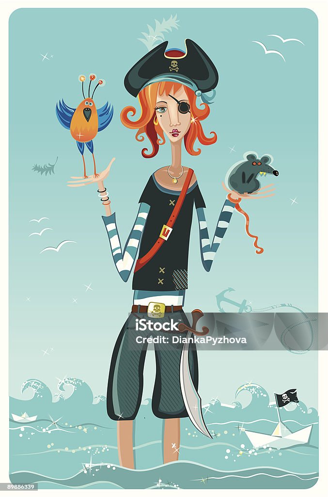 cartoon pirate girl Pirate girl standing at the water with her pets friends Paper Boat stock vector