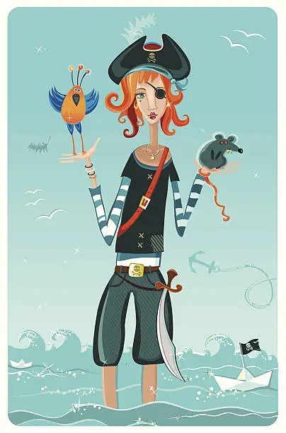 Vector illustration of cartoon pirate girl