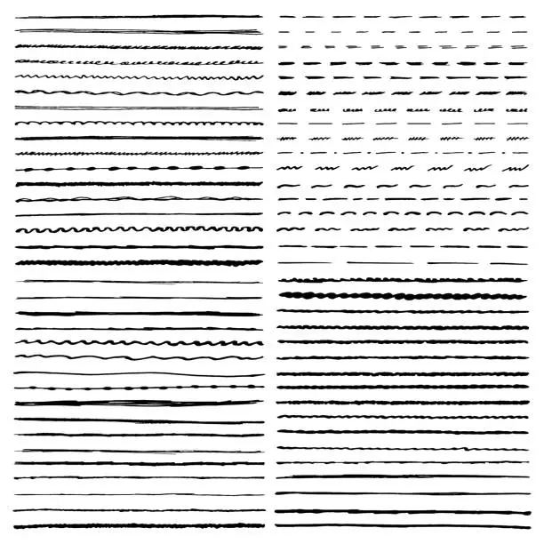 Vector illustration of Set of vector templates hand drawing brushes. Wavy, curly, dotted, straight and zigzag hand drawing marker lines.