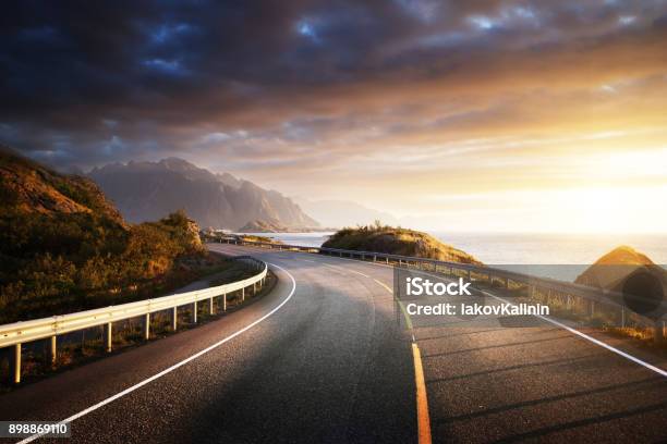 Oad By The Sea In Sunrise Time Lofoten Island Norway Stock Photo - Download Image Now