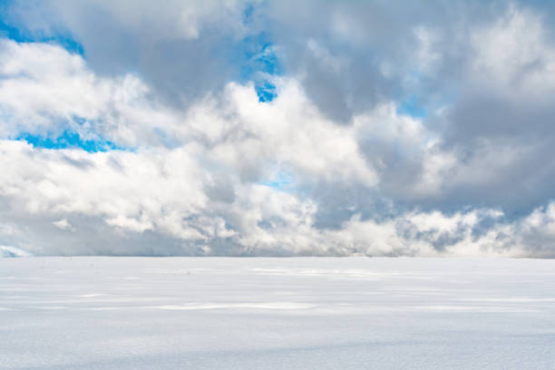 istock winter snowfield and cloudy sky with large clouds, winter nature 898869576