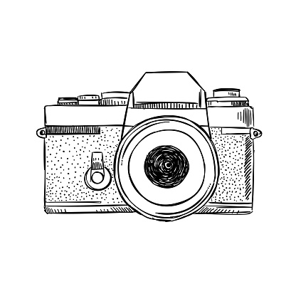 Vintage camera sketch illustration. Hand drawn vector outline drawing photography equipment