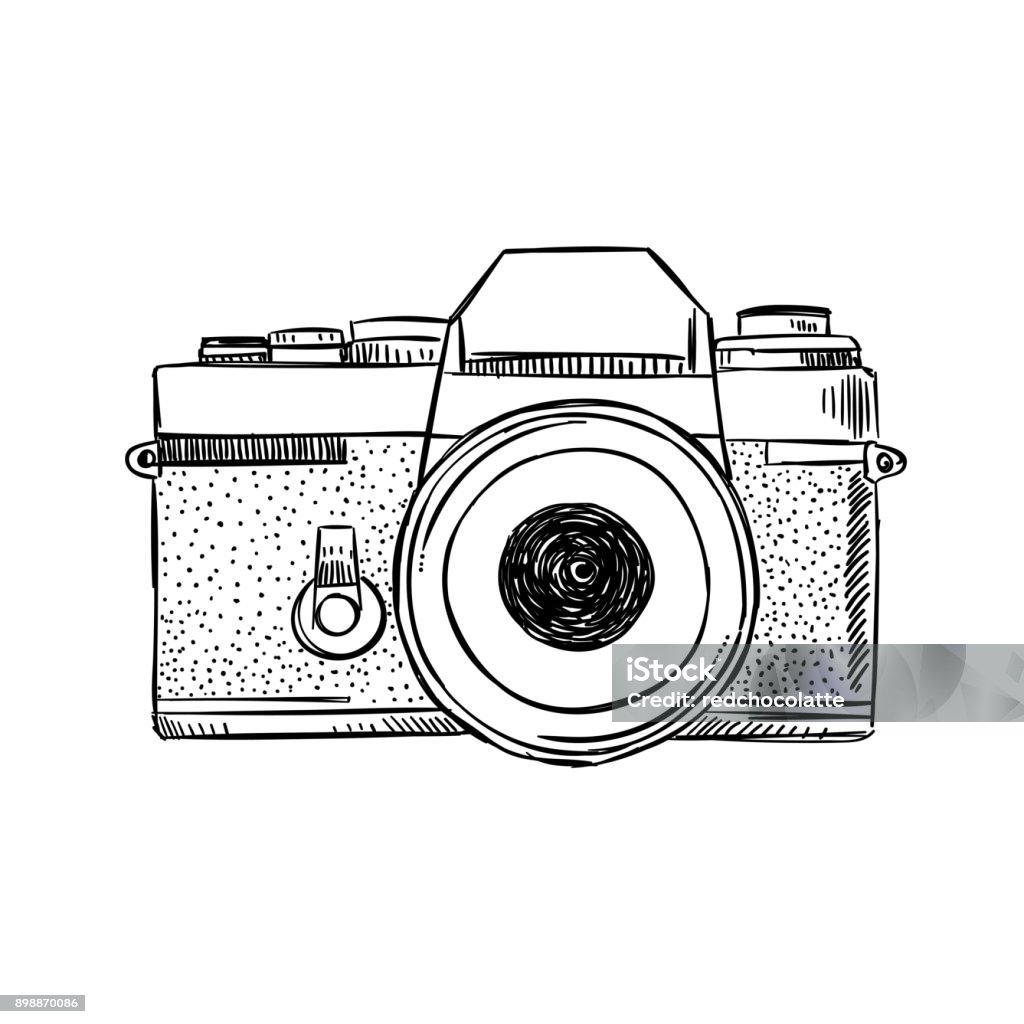 Vintage camera sketch illustration. Hand drawn vector outline drawing photography equipment Camera - Photographic Equipment stock vector