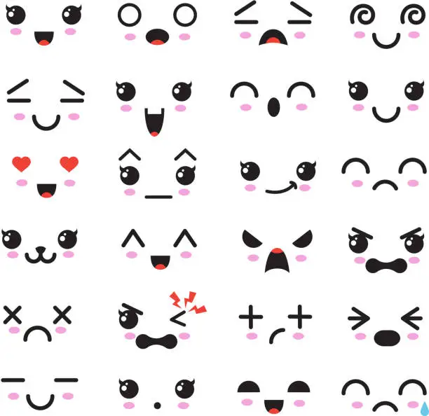 Vector illustration of Kawaii cute faces. Manga style eyes and mouths. Funny cartoon japanese emoticon in in different expressions