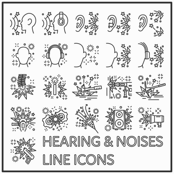 ilustrações, clipart, desenhos animados e ícones de audição e ruídos linha ícone design gráfico, conjunto de segurança ouvindo ícones de linha saúde - listening people human ear speaker