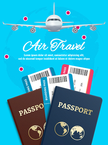 Air travel banner with earth plane passport and tickets. Airplane travel, ticket to plane and passport. Vector illustration