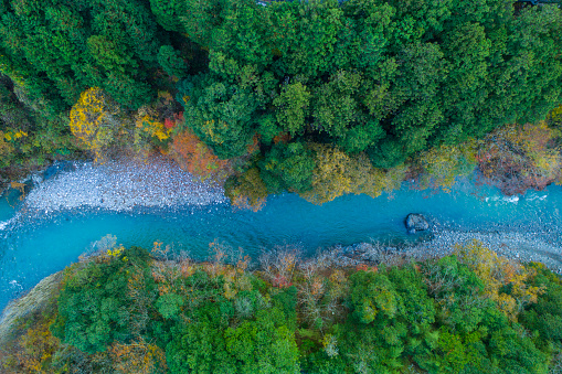 Aerial drone view of Soca river and green lush landscape in Slovenia at summer